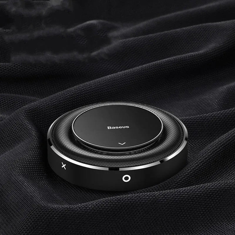 Aluminium alloy round car fragrance holder in black, red, and silver colour options with four scent tablets.