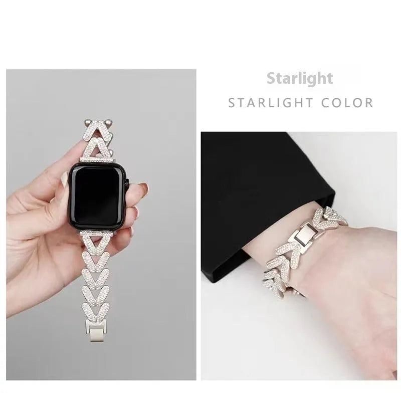V-shaped metal diamond-embedded strap for Apple Watch in Silver, Starlight, Rose Gold, Gold