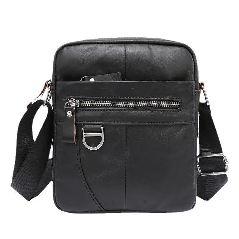 Black genuine leather messenger bag for boys with crossbody strap and sewing line detailing