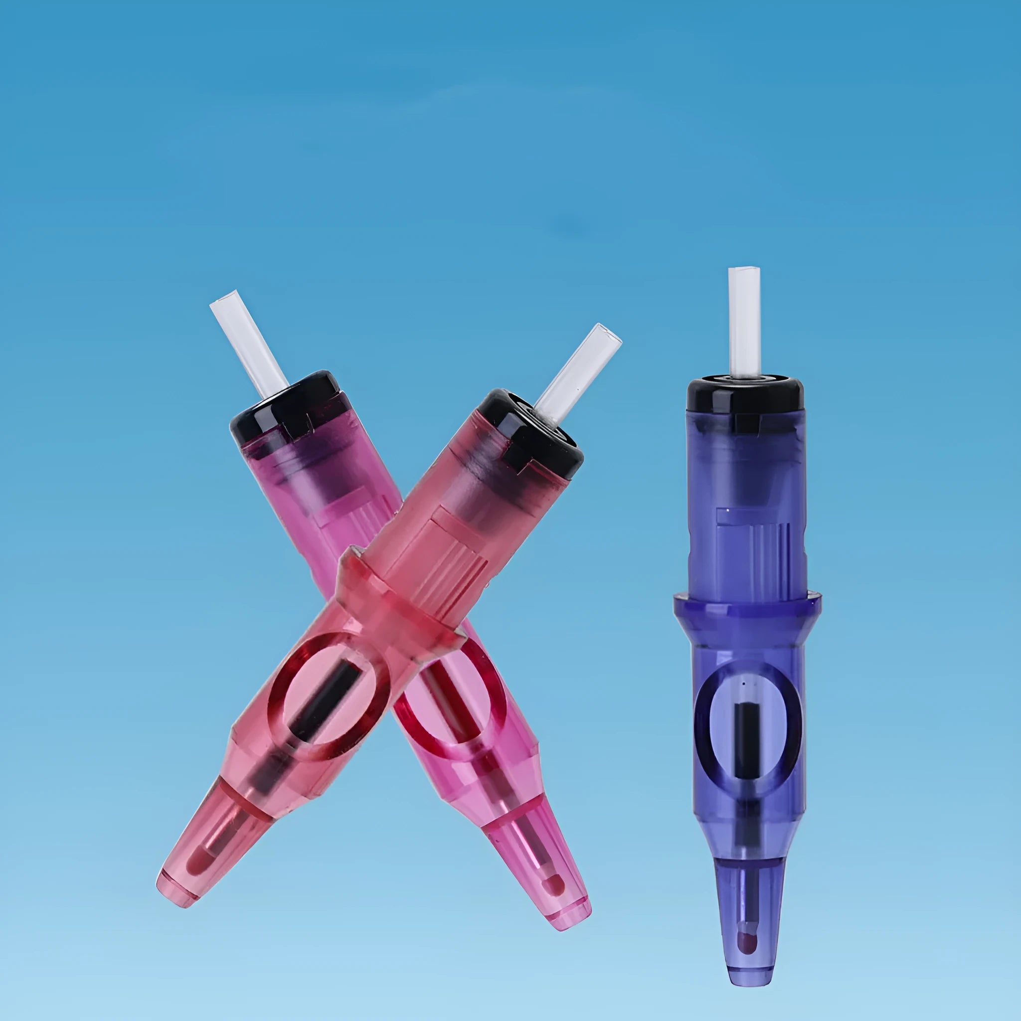 Tattoo ballpoint pen colour tool in red, pink, green, blue, black options on white background