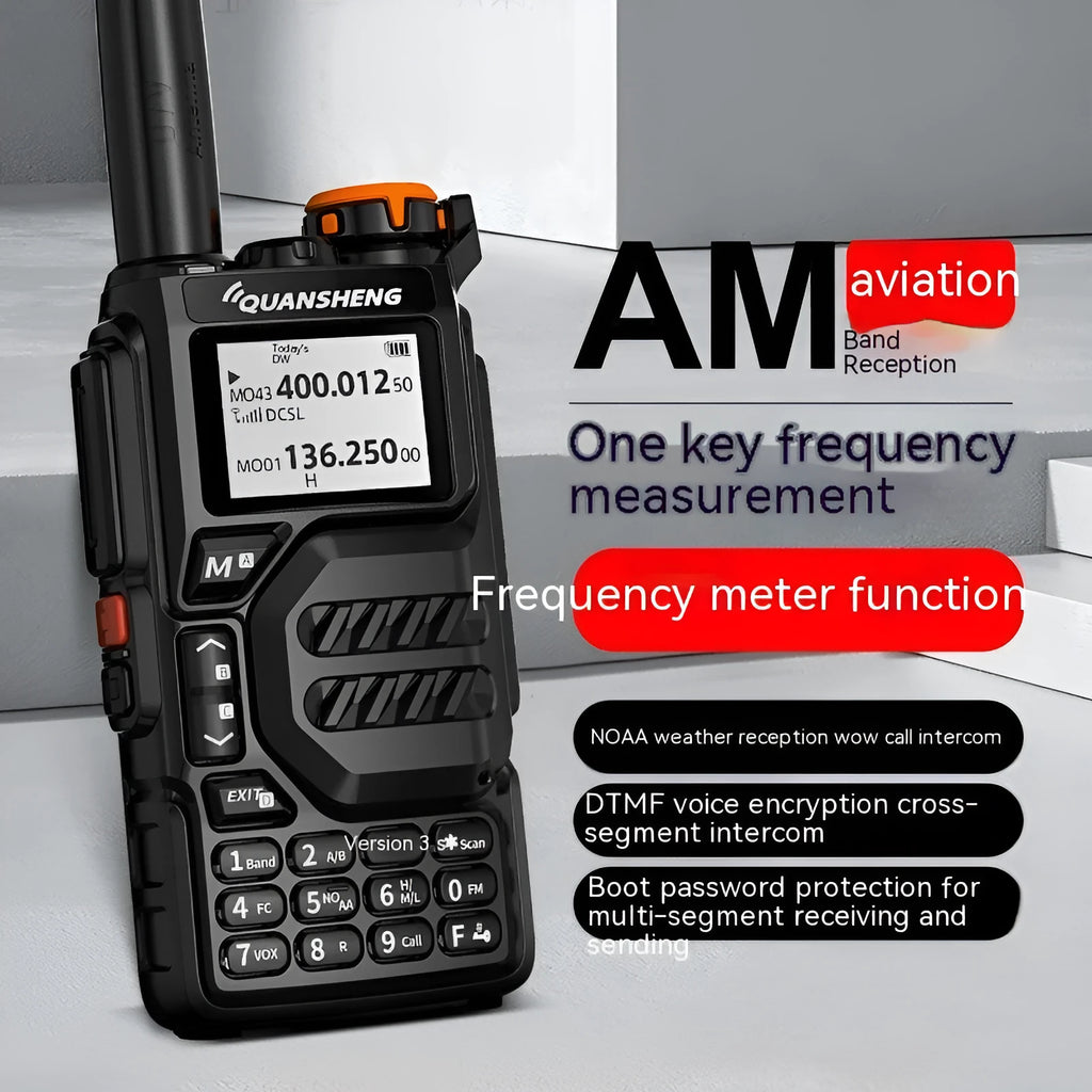 Black multi-band walkie-talkie pair with 5W power, 1600mAh lithium battery, charger, manual, and lanyard.