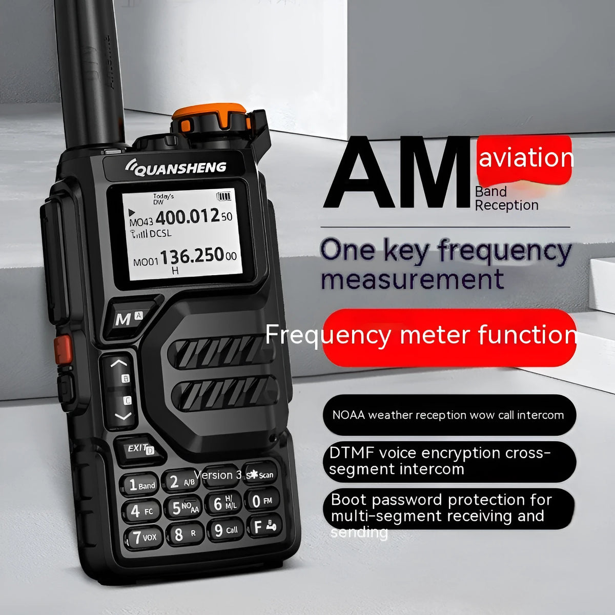 Black multi-band walkie-talkie pair with 5W power, 1600mAh lithium battery, charger, manual, and lanyard.