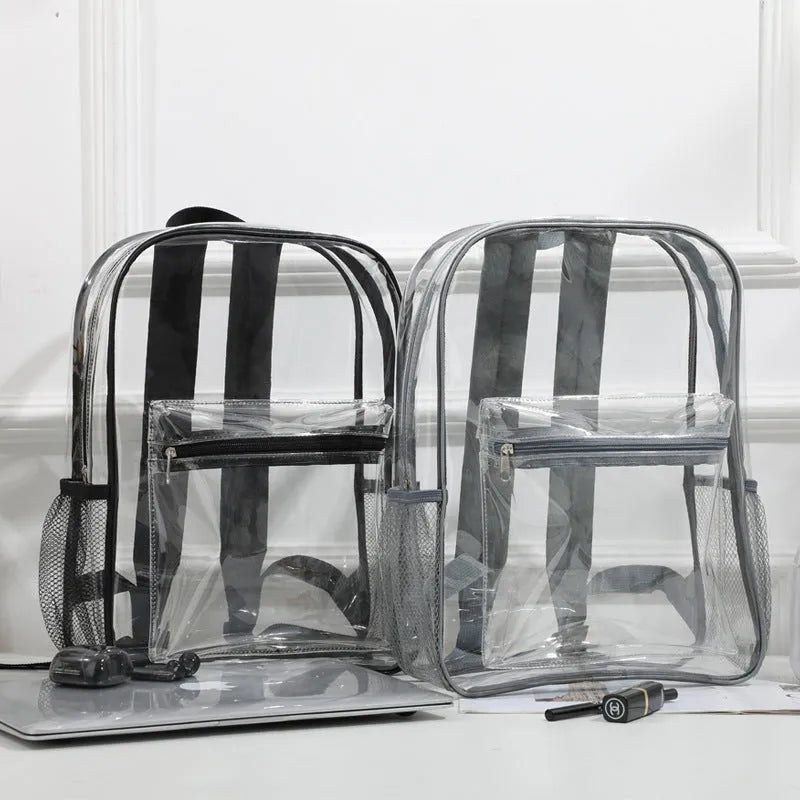 PVC transparent large outdoor travel backpack in blue, shown from the side.