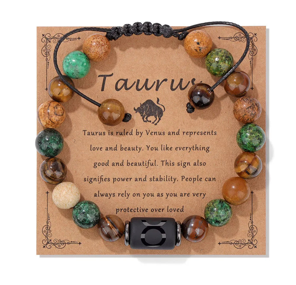 12 constellation woven men's retro natural stone bracelet with agate beads, 19cm length, unisex zodiac design