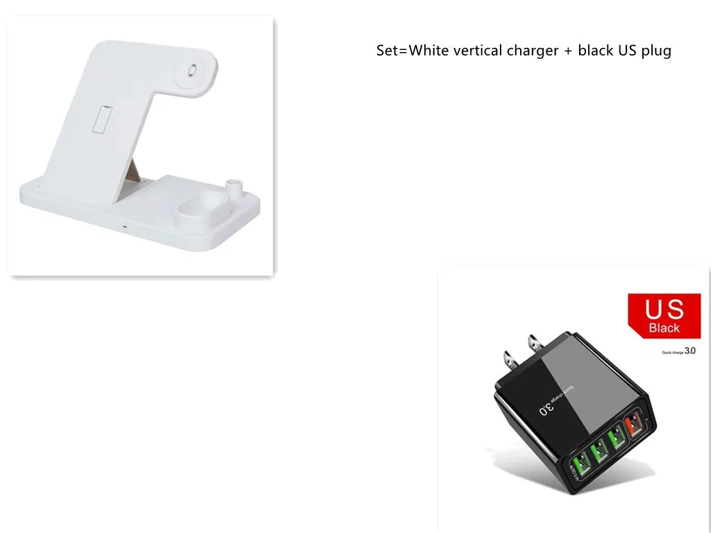 4-in-1 adjustable wireless charging station charging a phone, Apple Watch, and AirPods.