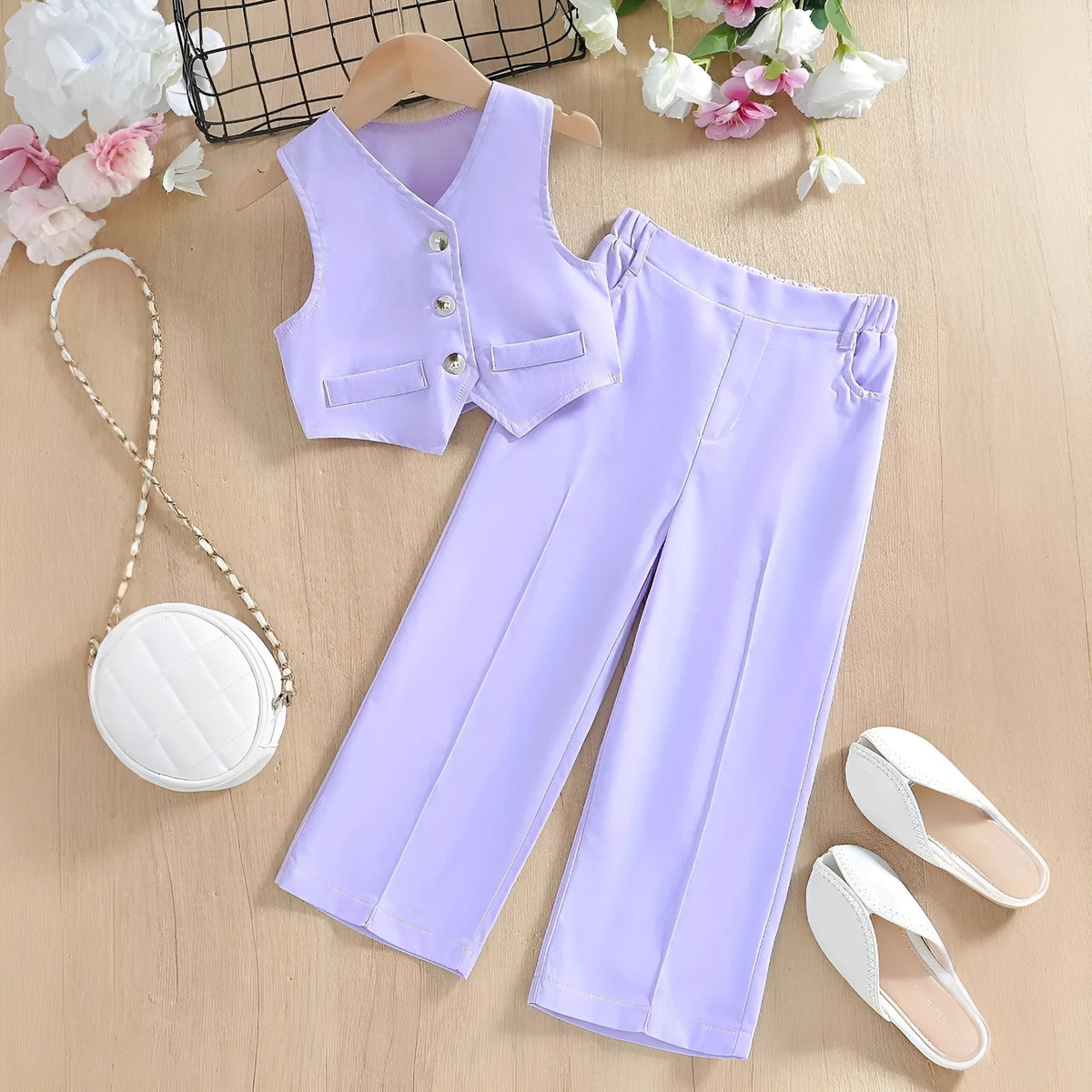 Girls' solid colour vest and trouser two-piece set in purple, light blue, red or light green, sizes 3-10Y