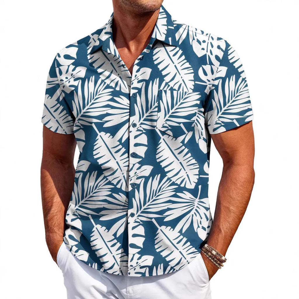 Men's slim fit Hawaiian short sleeve shirt in a cardigan style.