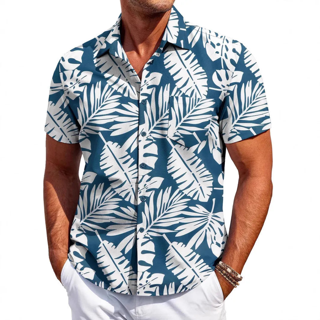 Men's slim fit Hawaiian short sleeve shirt in a cardigan style.