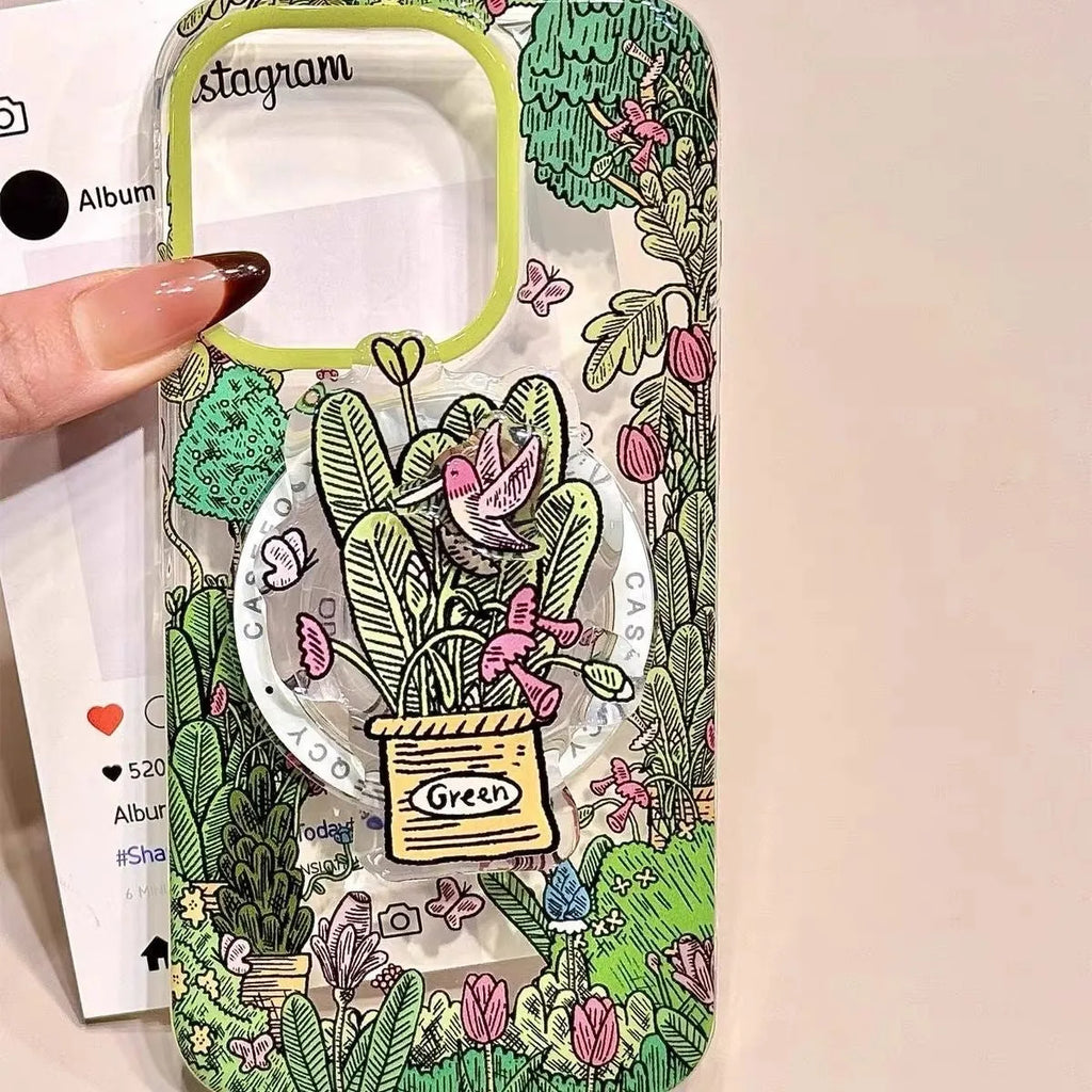 Retro oil painting jungle bird phone case with magnetic bracket for Apple iPhone in transparent frosted acrylic