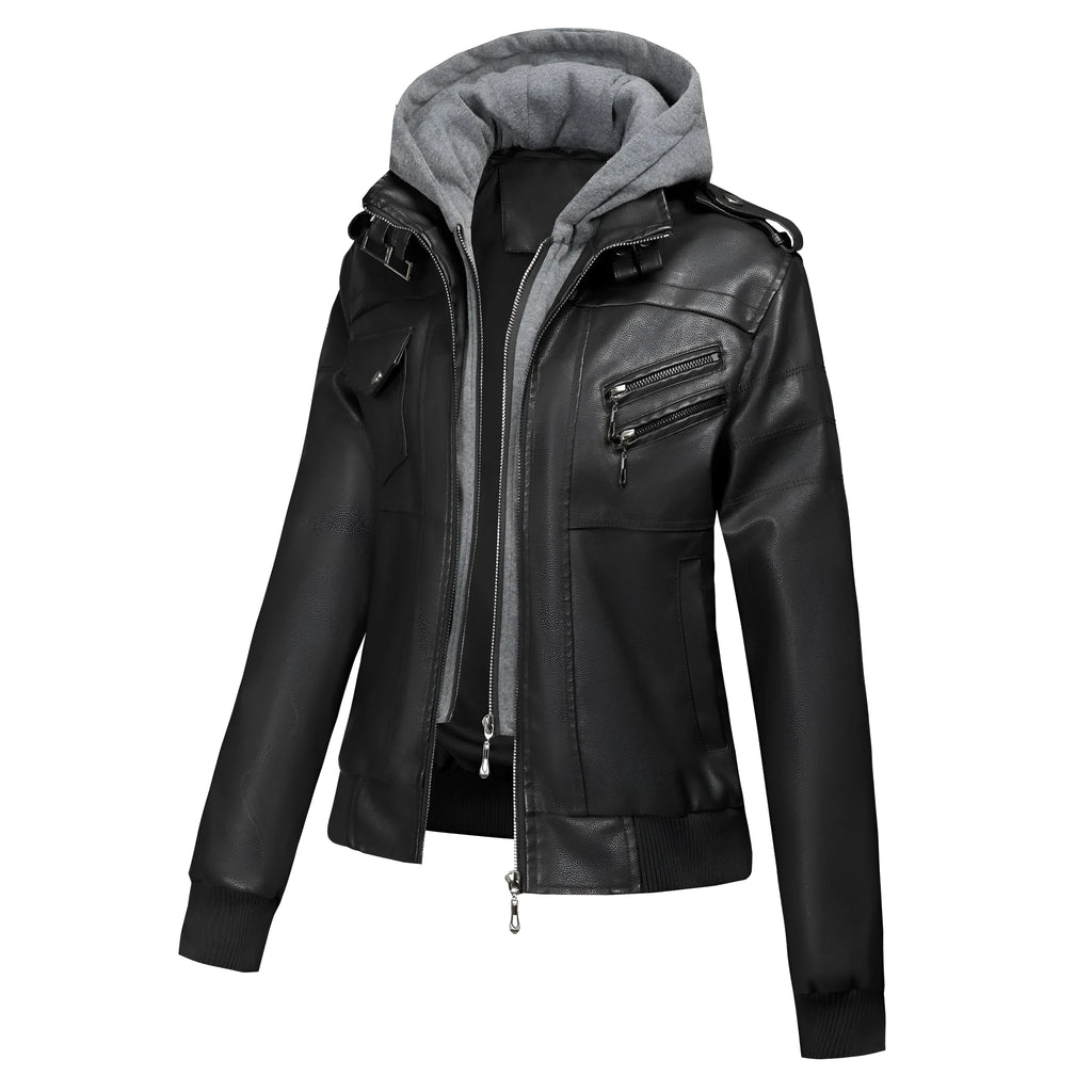 Women's black faux leather loose fit motorcycle jacket with pockets, street hipster style