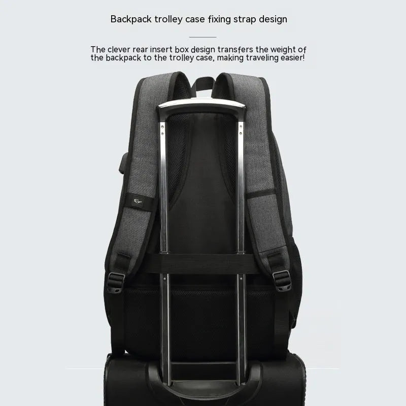 Lightweight nylon backpack with USB charging port in grey colour showing dimensions and trolley case attachment