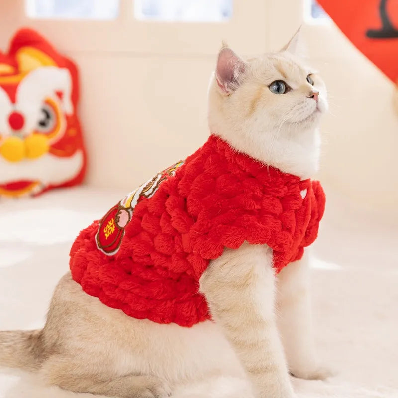 Red Lion Dance Pet Vest with lion dance embroidery and lanterns on small dog
