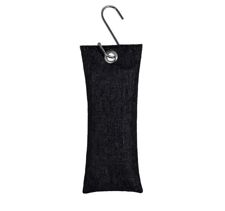 Black, green, grey and blue activated charcoal shoe deodoriser bags measuring 16.5cm.