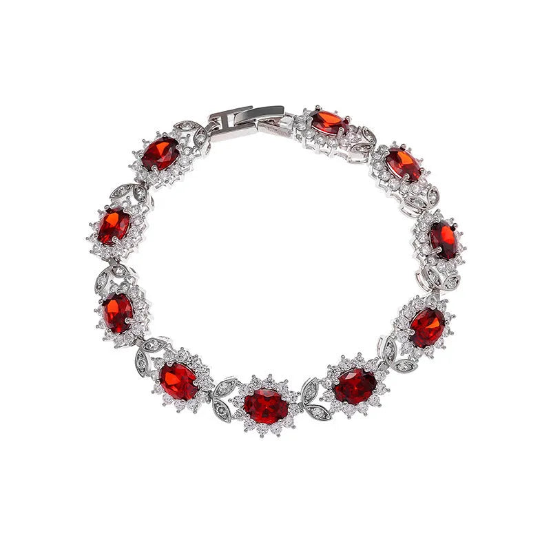 Simple women's alloy bracelet with a single row of inlaid zircon stones in a choice of nine gemstone colours.