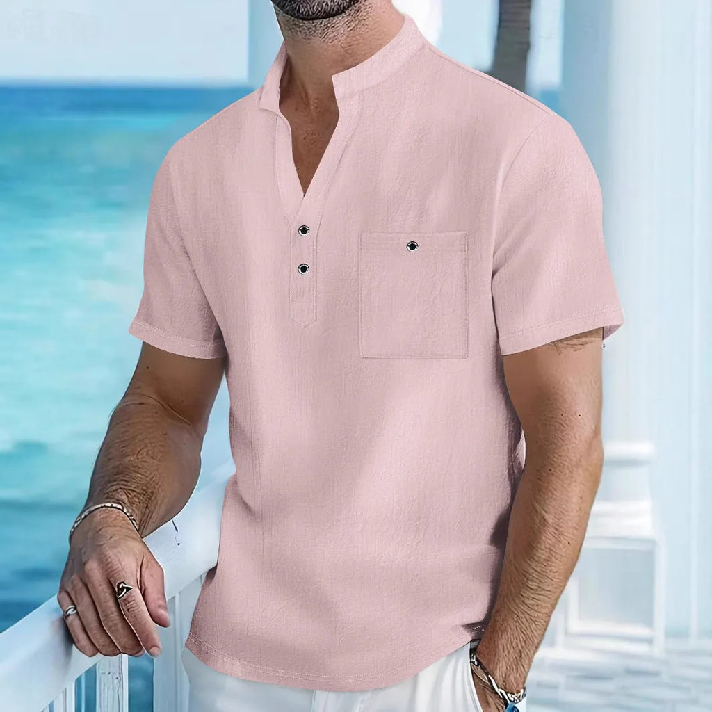 Men's loose-fit linen blend short sleeve shirt with a stand collar in a light blue colour.