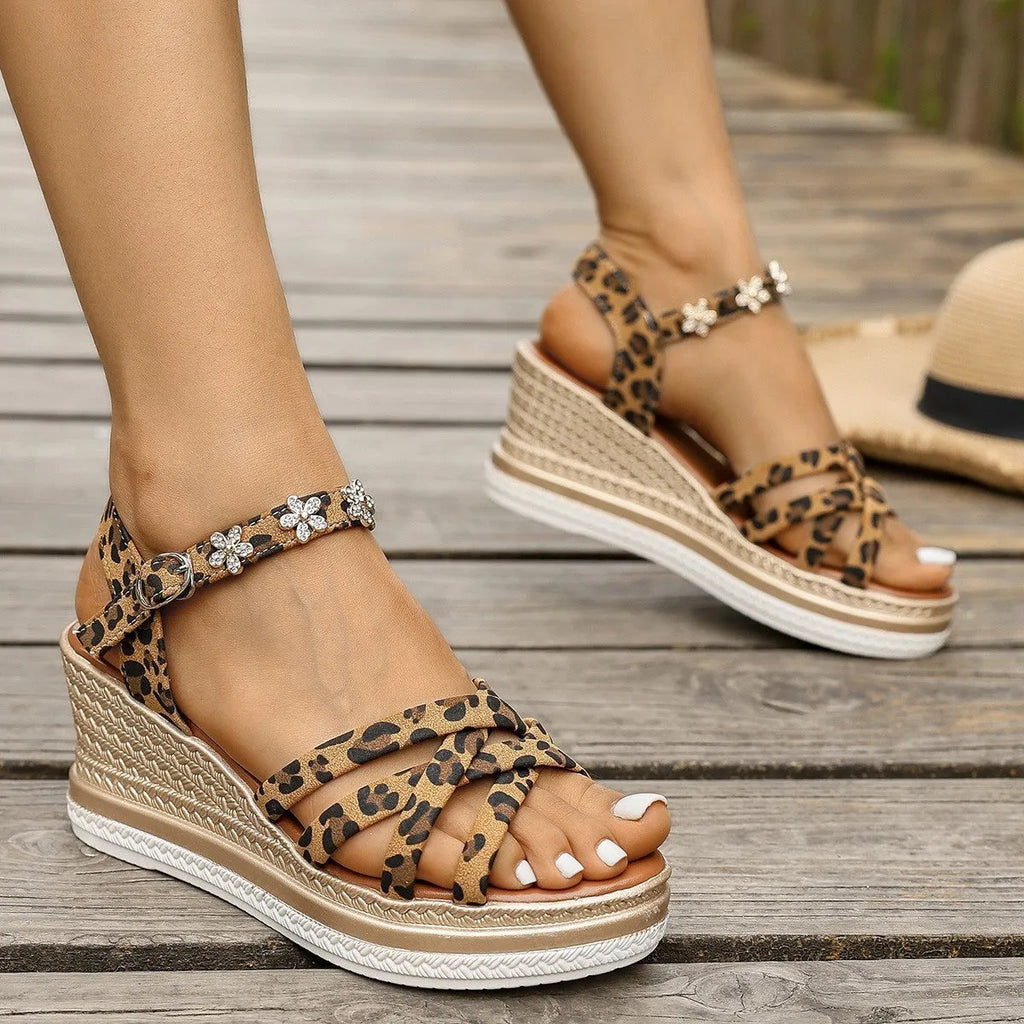 Light brown suede women's platform sandals with an ankle strap and buckle.