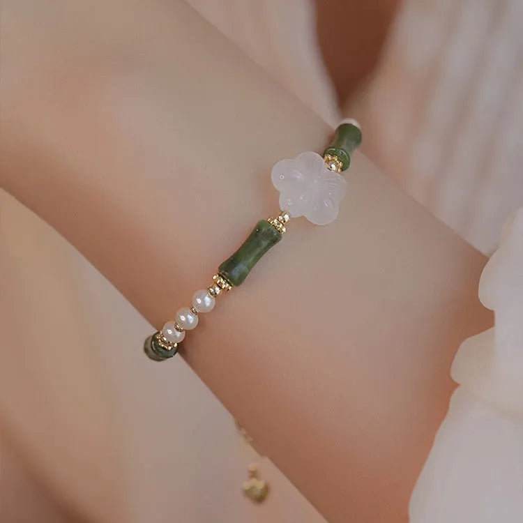Women's antique Chinese style bracelet with bamboo joint design, Hetian jade, and 4mm shell pearls