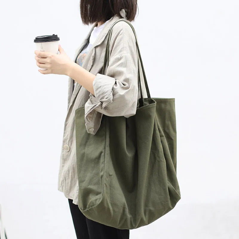 Mori artistic canvas shoulder bag in green black brown or creamy white with double straps and phone pocket
