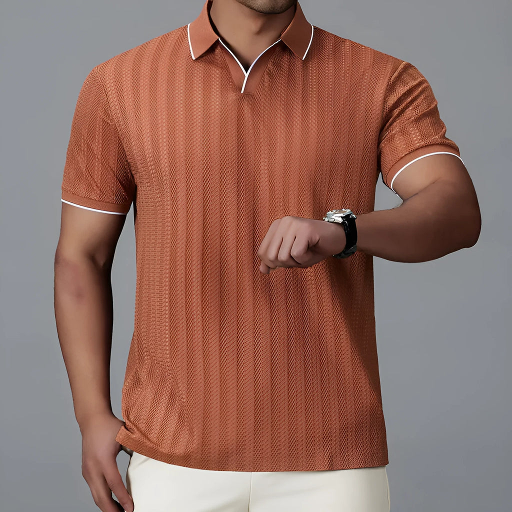 Men's loose-fitting short-sleeved polo shirt in ice silk nylon fabric, shown in black colour.
