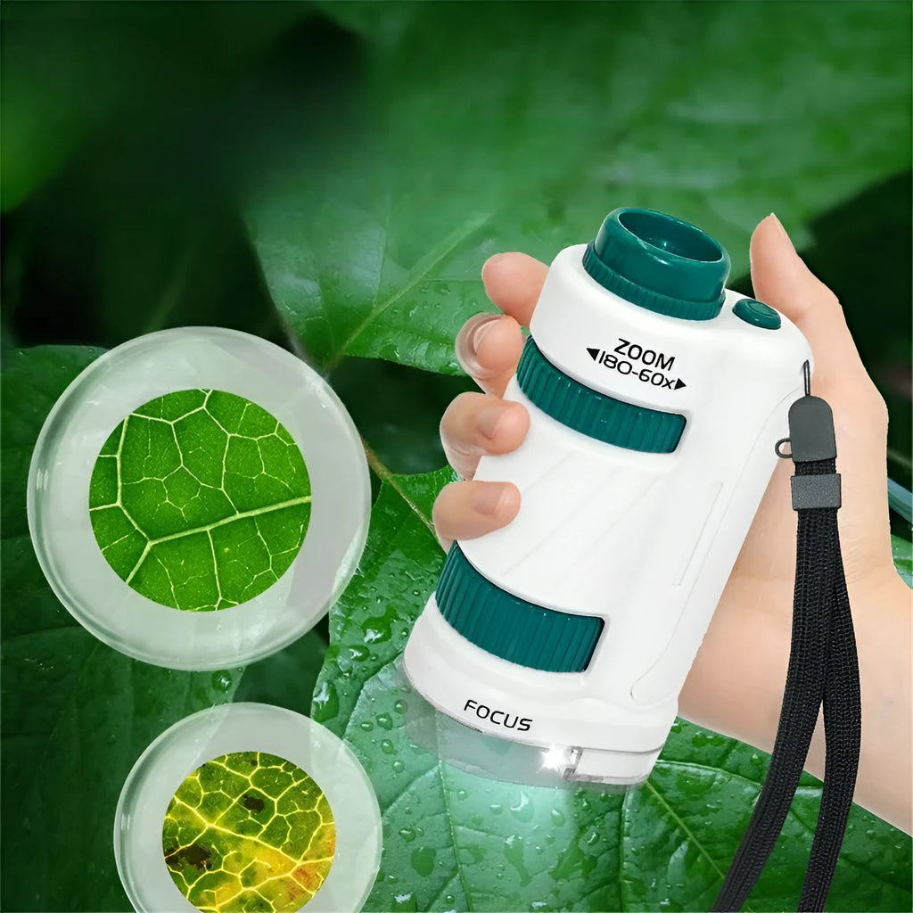 Portable microscope upgrade set with plastic construction and specimen slides for outdoor science exploration