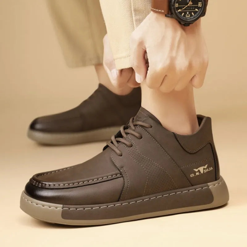 Men's British mid-top leather formal lace-up shoe in khaki and black with stitching detail