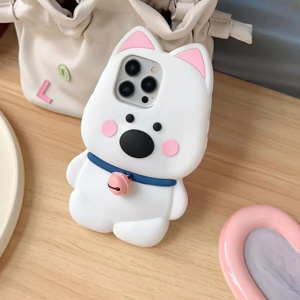 Pink silicone phone case with cartoon cute bell little white dog design for iPhone 12 13 14 15