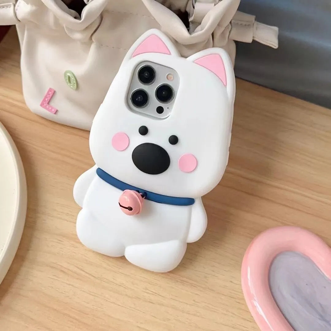 Pink silicone phone case with cartoon cute bell little white dog design for iPhone 12 13 14 15