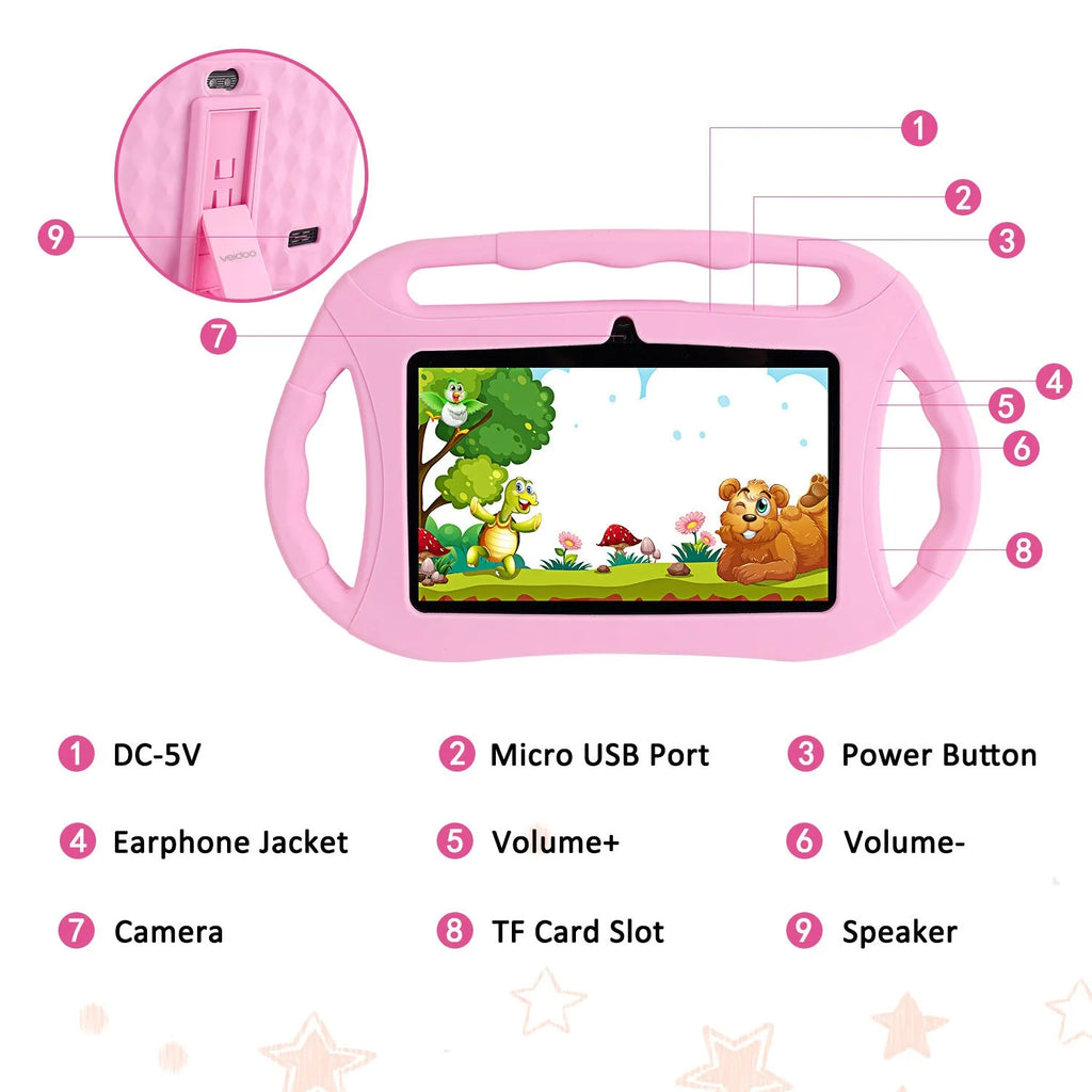7-inch children's tablet PC in blue with three handles, showing Android 10 home screen