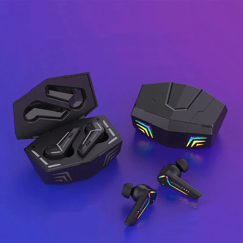 Black TWS Bluetooth in-ear headset with low latency for gaming and sport.