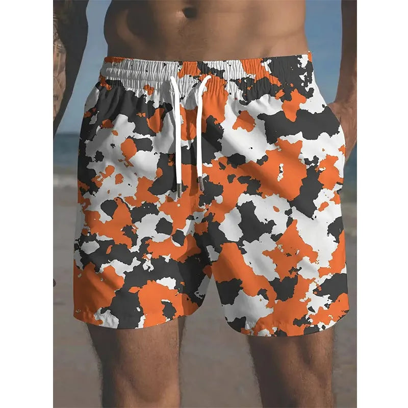 Men's polyester beach shorts with elastic waistband in various printed colours