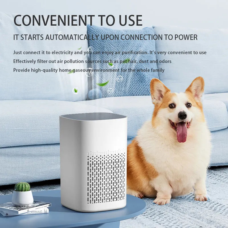 Compact desktop air purifier with USB cable on wooden desk