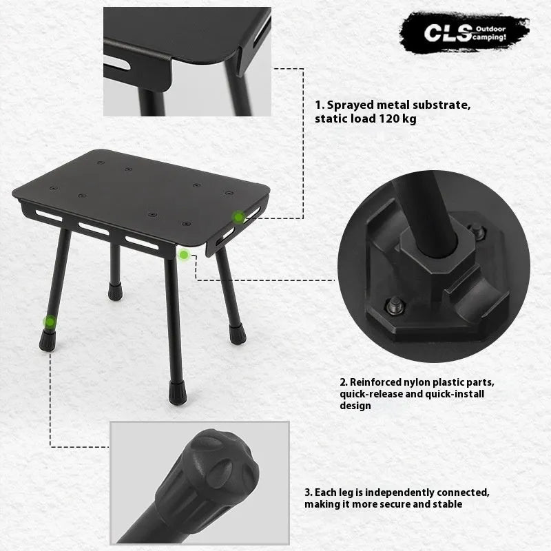 CLS aluminium dual-use camping stool converted into a small table with a green Pu mat cushion