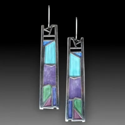 Silver water drop shaped alloy earrings with irregular oil colour pattern design