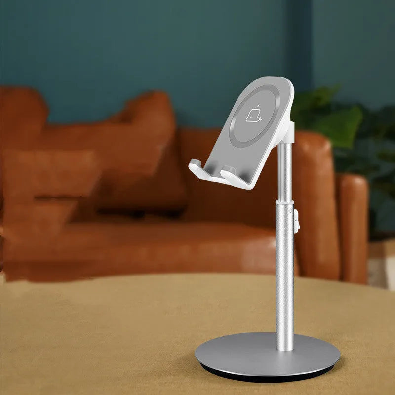 Silver aluminium computer phone holder for mobile phones and tablets on a desktop