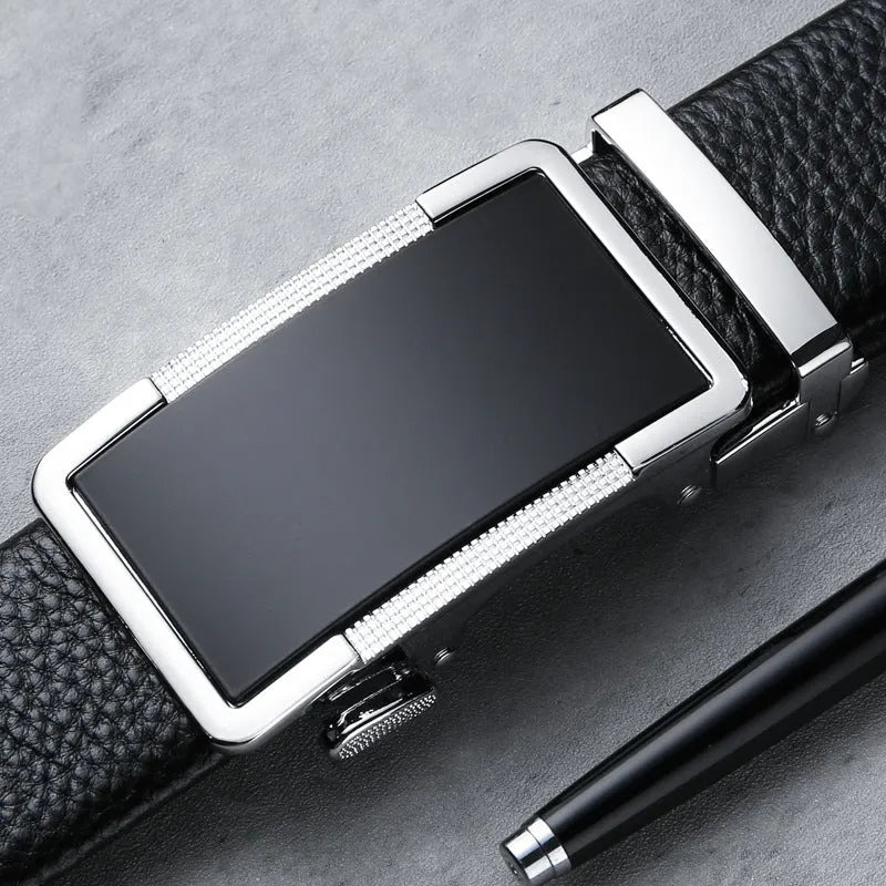 Men's automatic buckle leather belt in gun black, silver, and gold colours on a size chart