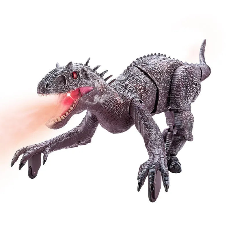 Simulated dinosaur model toy in grey with remote control, 3D eyeballs, and body swing features