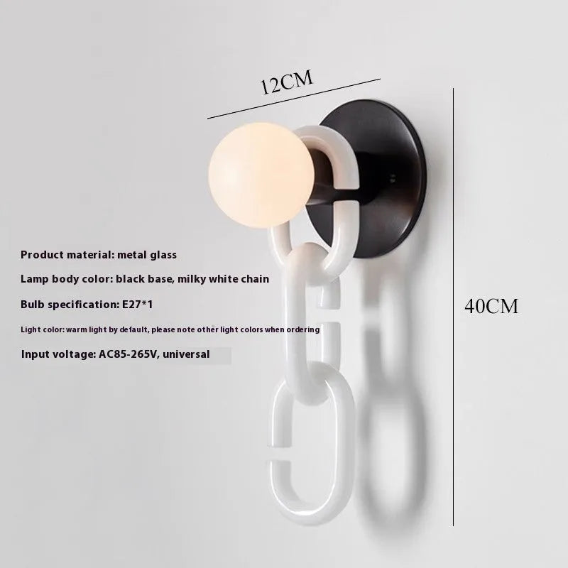 Glass ball wall lamp with hanging chain, iron body, LED light, 220V, black gold or chrome base options