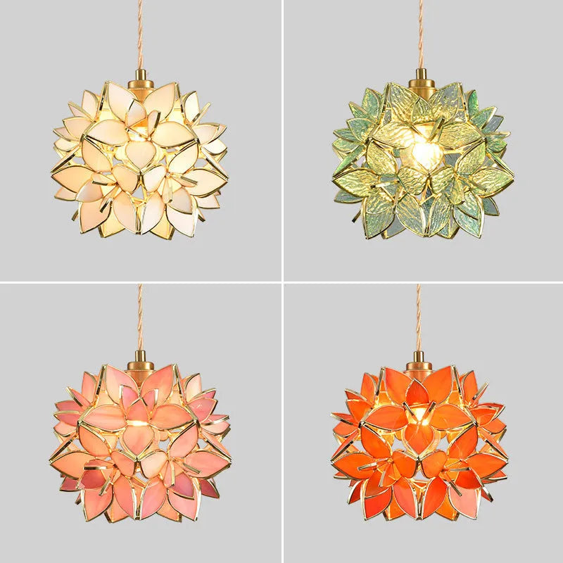 Stained glass hanging chandelier with copper fitting, shown in one of its blue, orange, pink, white or transparent colour options.