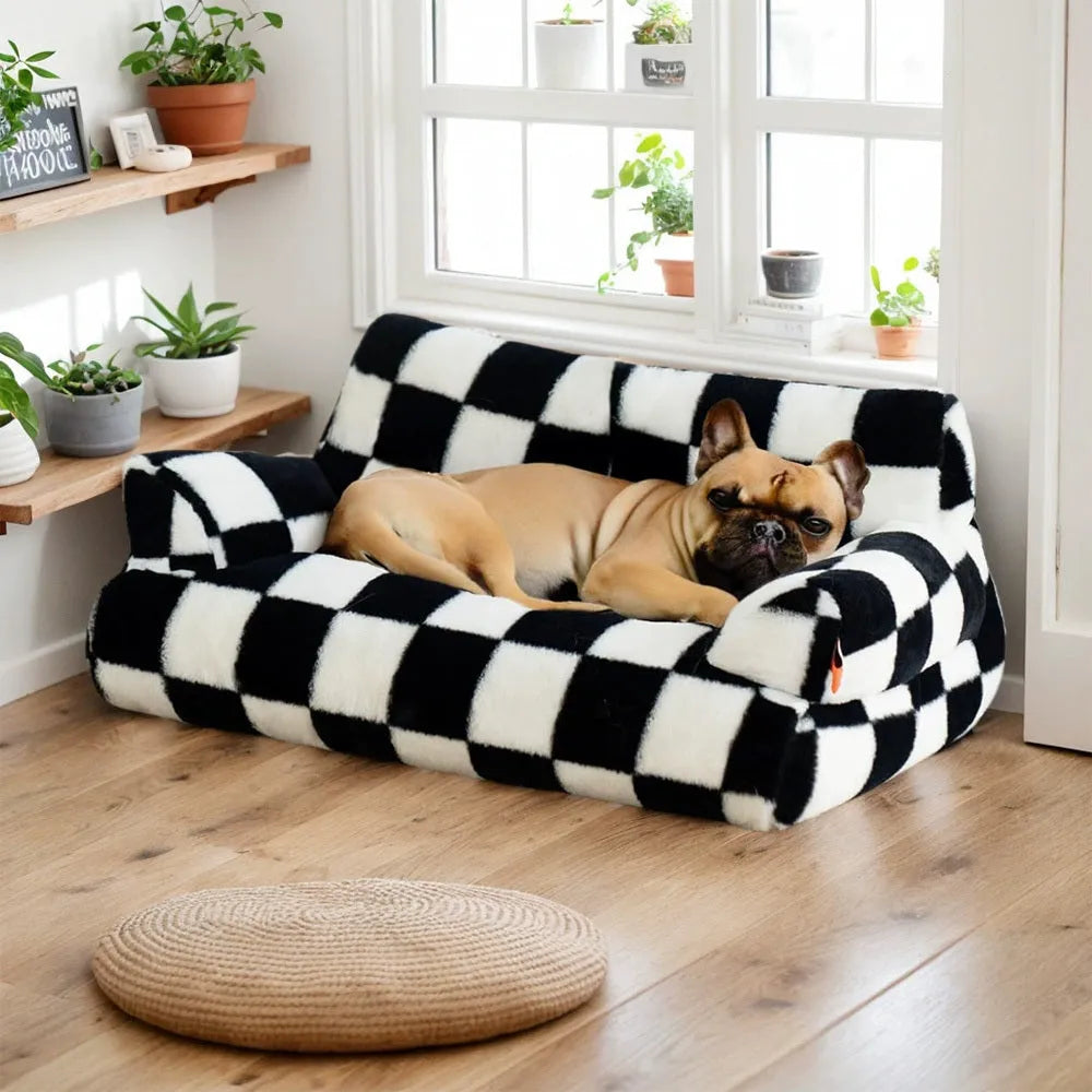 Plush sofa-shaped pet bed for cats and small dogs with removable cover and anti-slip bottom