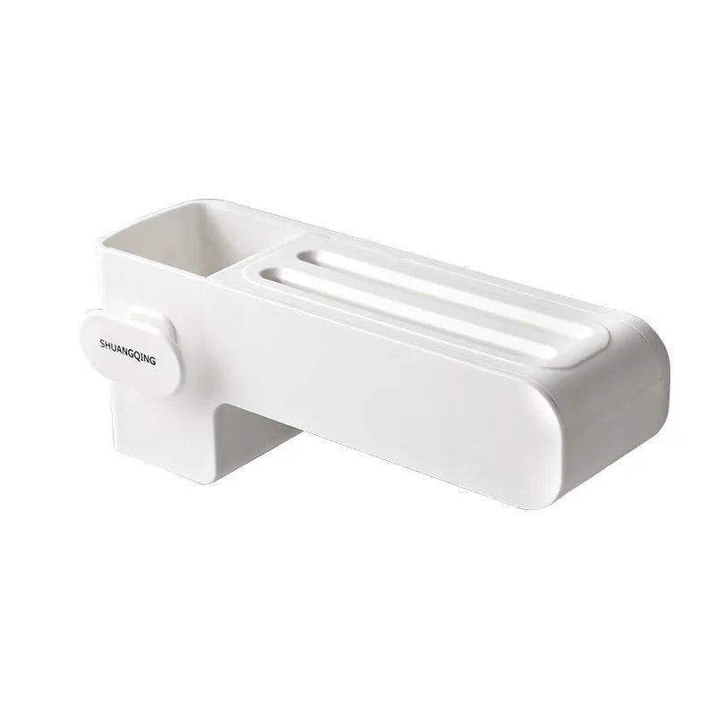 White plastic freestanding kitchen knife rack on a countertop.