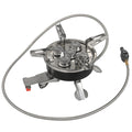 Silver portable split camping stove with stainless steel body and a long black flexible hose.