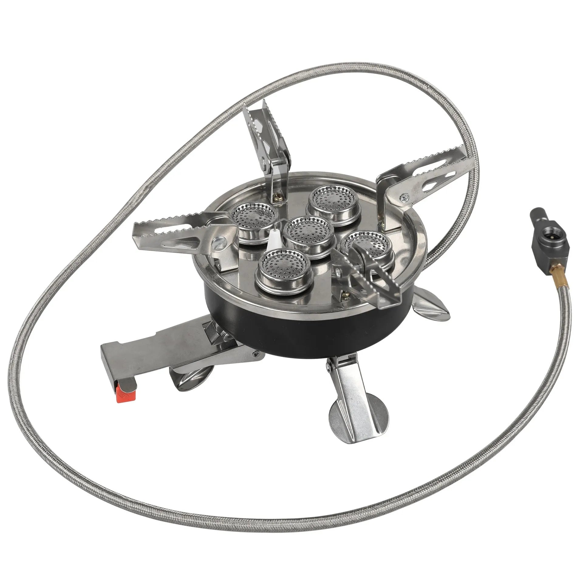 Silver portable split camping stove with stainless steel body and a long black flexible hose.