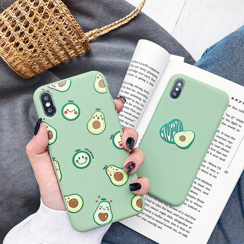 Green cartoon avocado design on a flexible TPU mobile phone case for Apple iPhone.