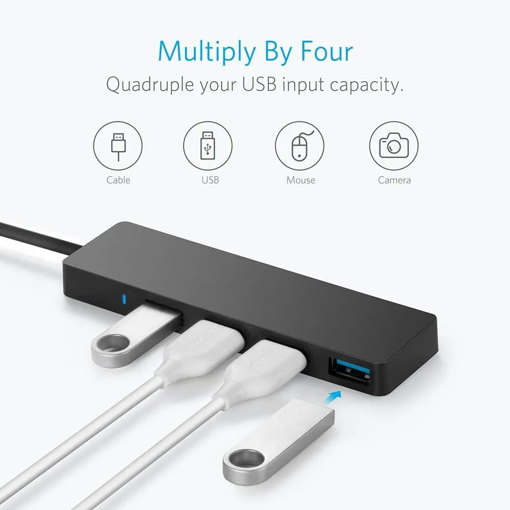 USB 3.0 hub with four ports, LED indicators, and 30cm cable for computer connectivity expansion