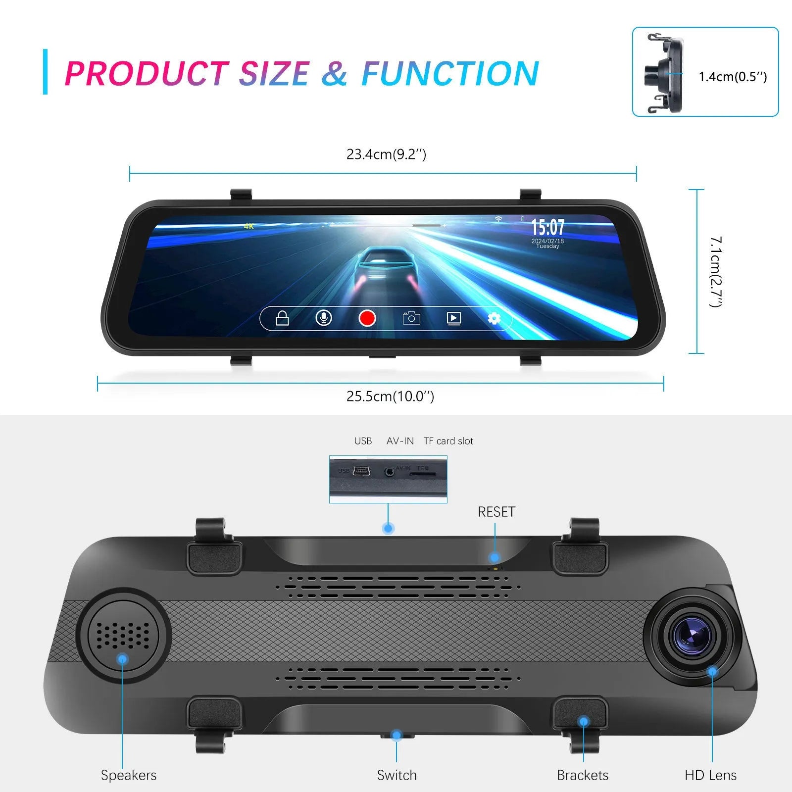 9.66 inch streaming media rearview mirror with touch screen displayed in a car, showing dual camera split-screen view.