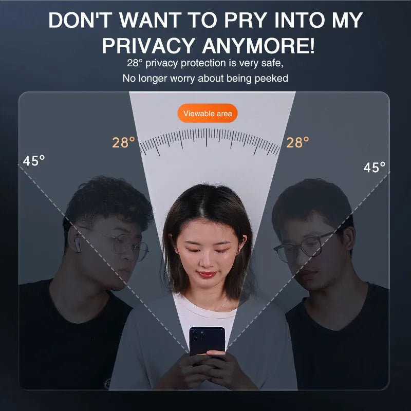 Anti-peeping tempered glass screen protector for iPhone shown with privacy angle effect.