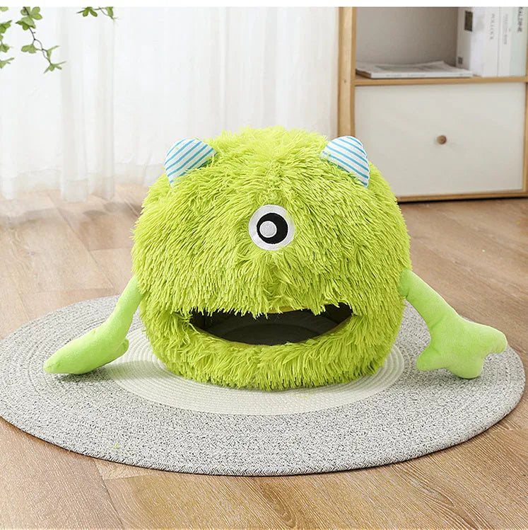 Round soft plush cat bed with a non-slip base, shown in three size options.