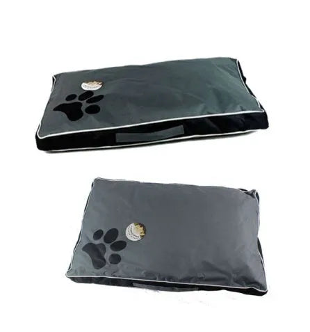 Waterproof Oxford cloth dog bed with removable washable cover and non-slip bottom, red blue black, sizes M to XXL