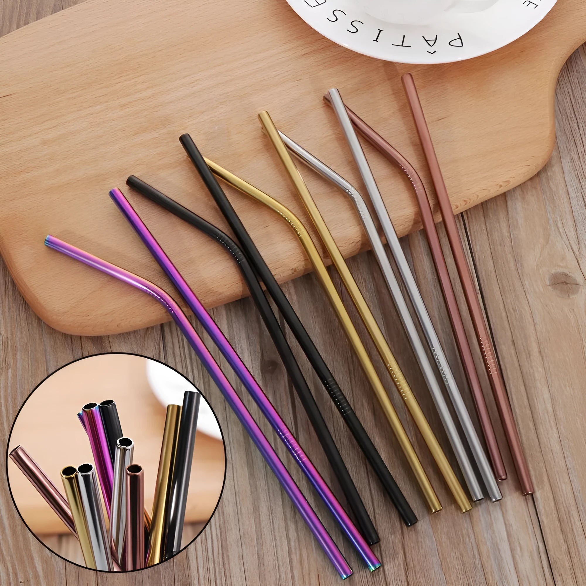 Set of stainless steel reusable straws showing straight and bent styles in gold, silver and rose gold colours with cleaning brush