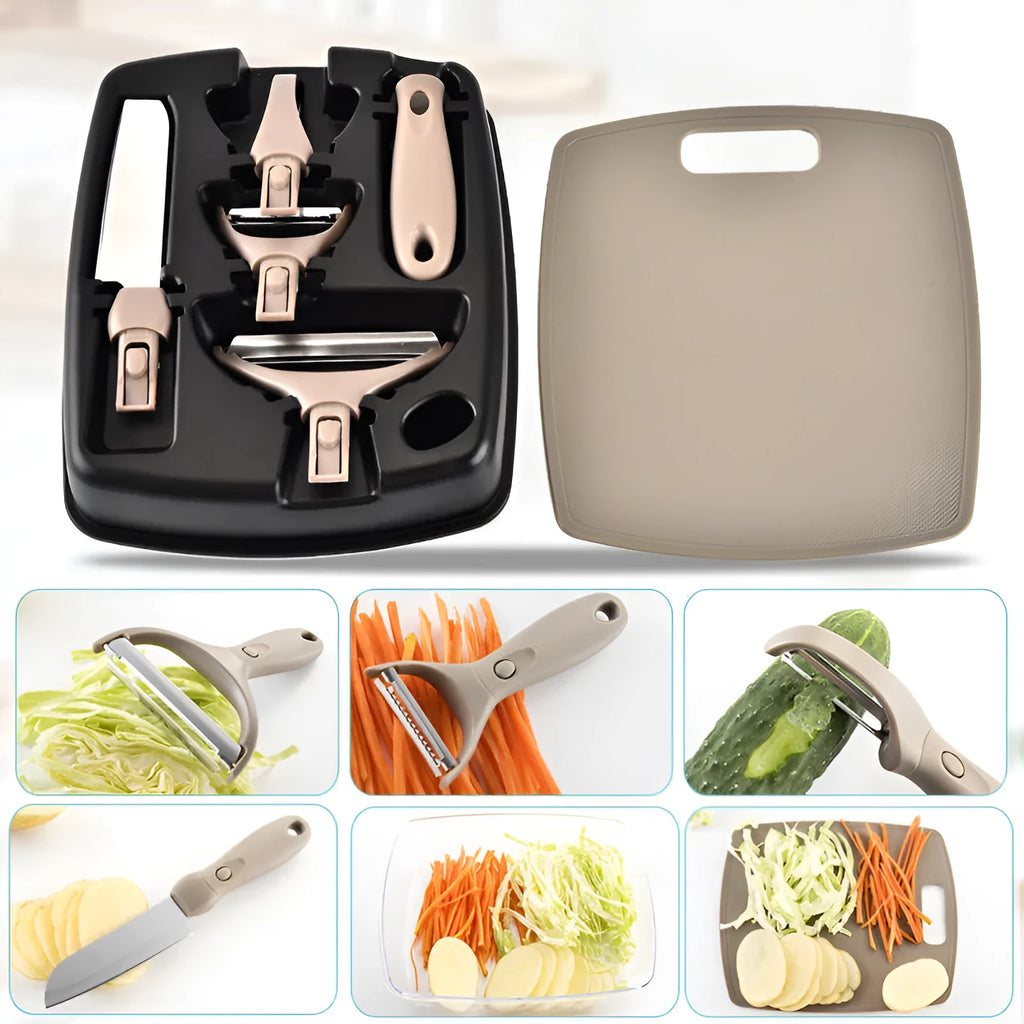 Green eight-piece multi-function kitchen planer set with stainless steel blades and ergonomic handles on a white background.